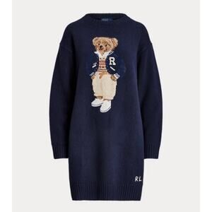 NWT Polo By Ralph Lauren Women's Crewneck Bear Sweater Dress Navy xs